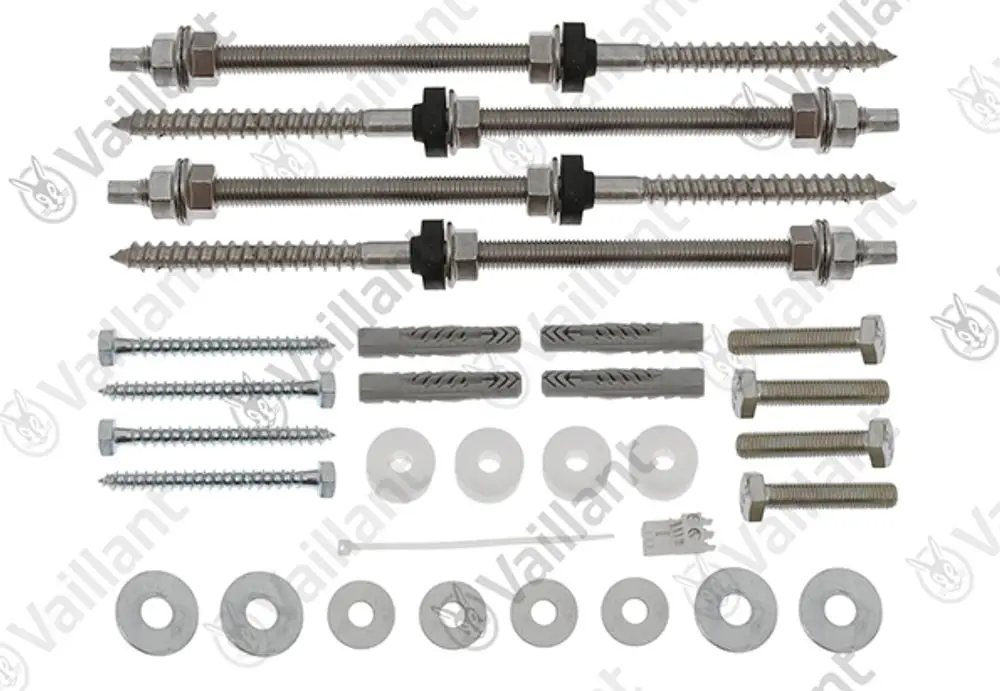 Befestigungssatz von Vaillant mit verschiedenen Schrauben, Dübel, Unterlegscheiben und Montagetools für die Installation von Heizgeräten.